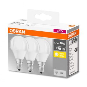 SET 3 becuri LED Osram, soclu E14, putere 5.7W, forma clasic, lumina alb calda, alimentare 220 - 240 V, "000004058075090507" (timbru verde 1.35 lei)