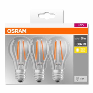 SET 3 becuri LED Osram, soclu E27, putere 7W, forma clasic, lumina alb calda, alimentare 220 - 240 V, "000004058075819290" (timbru verde 1.35 lei)