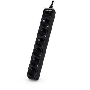 PRELUNGITOR CYBER POWER, Schuko x 6, conectare prin Schuko (T), cablu 1.8 m, 10 A, protectie supratensiune, negru, "B0620SC0-DE" (timbru verde 0.18 lei)