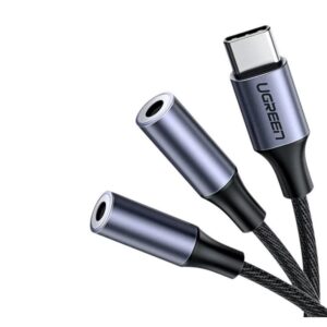 CABLU audio Ugreen, "AV144" USB Type-C (T) la 2 x 3.5 mm jack (M), 0.20 m, argintiu "30732" (timbru verde 0.18 lei) - 6957303837328