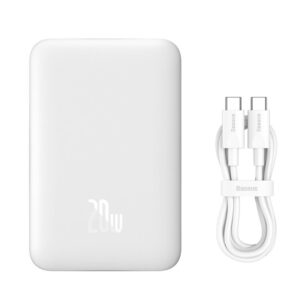 POWER BANK Baseus Magnetic Mini Wireless, 10000mAh, 20W, 2 x USB Type-C output/input, 15W wireless charging, include cablu USB Type-C la USB Type-C 30cm, alb, "PPCX070002" (timbru verde 0.98 lei) - 6932172620639