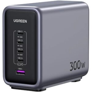 INCARCATOR RETEA UGREEN, "CD333" 300W GaN Nexode Desktop Charger PD3.1, 4 x USB Type-C, 1 x USB, lungime cablu 2m, gri  "90903B" (include timbru verde 2 lei)