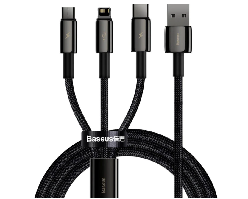 CABLU alimentare si date Baseus Tungsten Gold One-for-three, Fast Charging Data Cable pt.smartphone,USB la Micro-USB+Lightning+USB Type-C 3.5A,braided,1.5 m,negru "CAMLTWJ-01" (timbru verde 0.18 lei) - 6953156204973