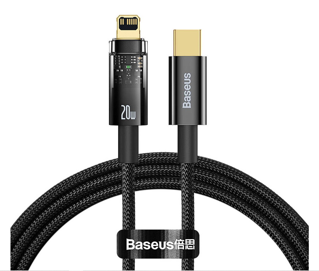 CABLU alimentare si date Baseus Explorer, Fast Charging Data Cable pt. smartphone, USB Type-C la Lightning 20W, 2m,Auto Power-Off,negru transparent "CATS000101" (timbru verde 0.18 lei) -6932172605681