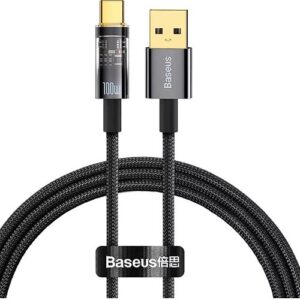 CABLU alimentare si date Baseus Explorer, Fast Charging Data Cable pt. smartphone, USB la USB Type-C 100W, 1m, Auto Power-Off, negru transparent "CATS000201" (timbru verde 0.18 lei) - 6932172605704