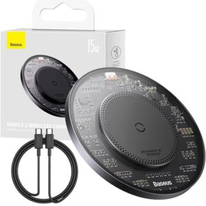 INCARCATOR wireless Baseus Simple Qi 15W, compatibilitate smartphones, cablu Type-C la Type-C 1m inclus, negru "CCJJ050001" (timbru verde 0.18 lei) - 6932172624507