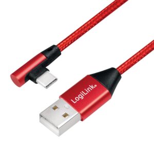 CABLU alimentare si date LOGILINK, pt. smartphone, USB 2.0 (T) la USB 2.0 Type-C (T) la 90 grade, 1m, premium, cablu cu impletire din bumbac, rosu, "CU0146" (timbru verde 0.08 lei)