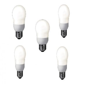 SET 5 becuri fluorescent Panasonic, soclu E27, putere 8W, forma oval, lumina alb calda, alimentare 220 - 240 V, "EFA8E27HD-5" (timbru verde 2.25 lei)