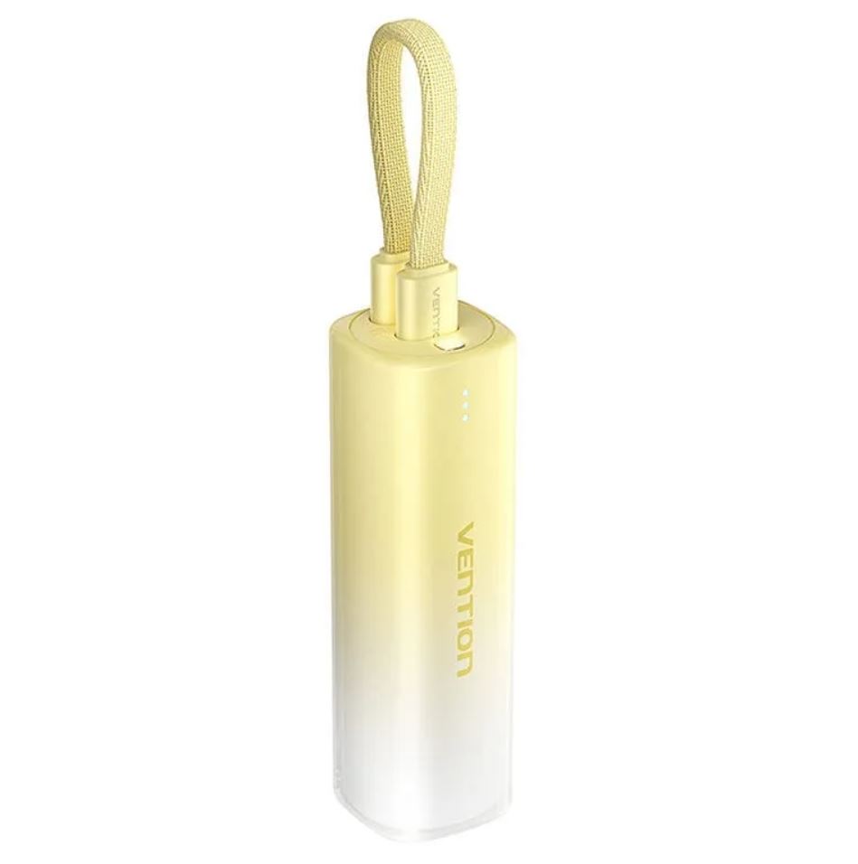 Power Bank Vention, 5000mAh ,20W, cablu Lightning si USB-C atasate, indicator LED, galben  "FHWY0" (timbru verde 0.98 lei)