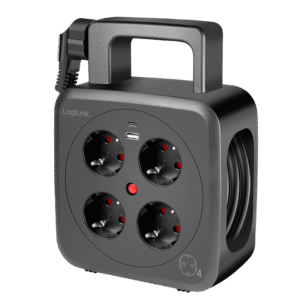 PRELUNGITOR LOGILINK, Schuko x 4, conectare prin Schuko (T), 16 A, 1xUSB-A, 1xUSB-C, comutator oprire termica, cablu 5m tip bobina, protectie IP20, negru, "LPS504" (timbru verde 2 lei)