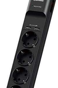 PRELUNGITOR CYBER POWER, Schuko x 4, conectare prin Schuko (T), USB x 2, cablu 1.8 m, 10 A, protectie supratensiune, negru, "P0420SUDO-DE" (timbru verde 0.18 lei)