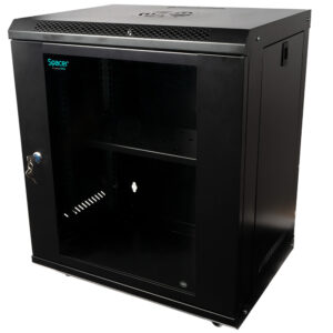 CABINET 19" SPACER  12U 500x450mm, fixare pe perete, Flatpack (dezasamblat),  Black, usa sticla cu blocare, panouri detasabile, otel 1mm, sarcina maxima 25Kg, contine un raft si roti, "SPCW-12U-450-BK-02"