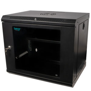 CABINET 19" SPACER    9U 500x450mm, fixare pe perete, Flatpack (dezasamblat),  Black, usa sticla cu blocare, panouri detasabile, otel 1mm, sarcina maxima 25Kg, contine un raft, "SPCW-9U-450-BK-02"