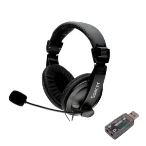 CASTI Spacer, cu fir, standard, utilizare multimedia, microfon pe brat, conectare prin adaptor USB 2.0 sau Jack 3.5 mm x 2, negru, "SPK-222-USB",(timbru verde 0.8 lei)