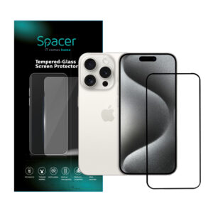FOLIE STICLA  Spacer pentru Iphone 15 Pro Max, grosime 0.3mm, acoperire totala ecran, strat special anti-ulei si anti-amprenta, Tempered Glass, sticla 9D, duritate 9H "SPPG-AP-IP15PM-TG"