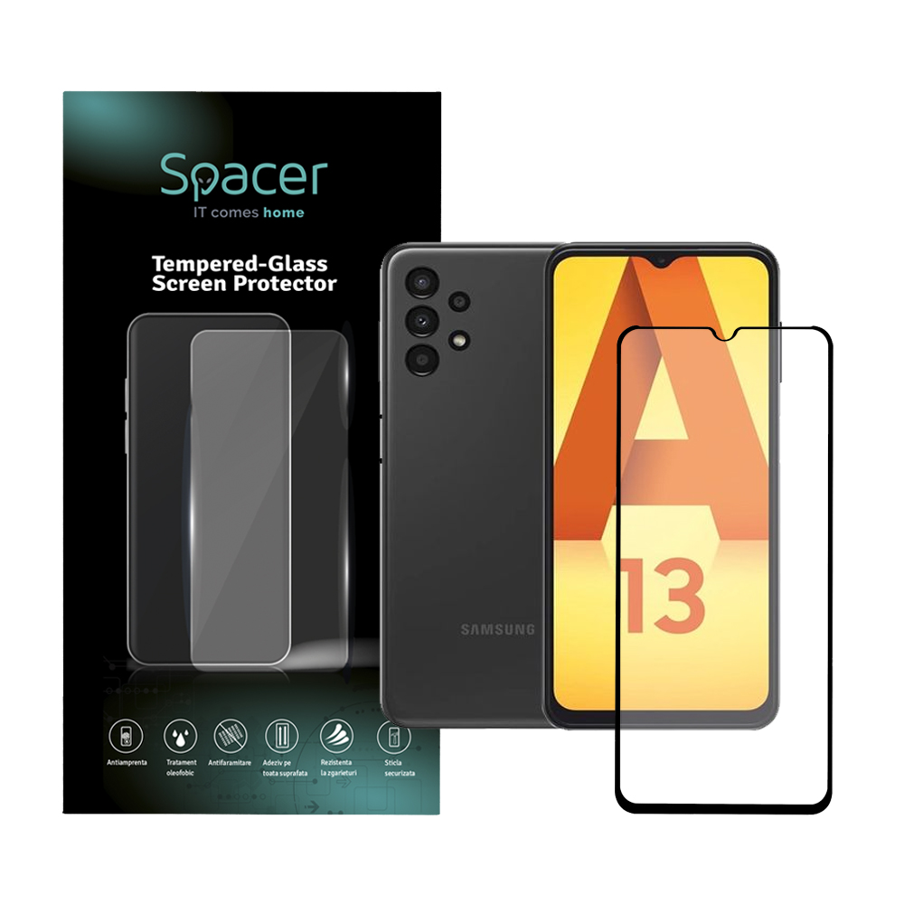 FOLIE STICLA  Spacer pentru Samsung Galaxy A13, grosime 0.3mm, acoperire totala ecran, strat special anti-ulei si anti-amprenta, Tempered Glass, sticla 9D, duritate 9H "SPPG-SM-GX-A13-TG"