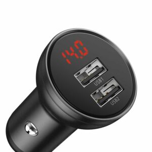 INCARCATOR auto Baseus Digital Display,Quick Charge 24W,2 x USB 5V/4.8A,contine cablu 3 in 1: USB la USB Type-C,microUSB si Lightning de 1.2m, gri "TZCCBX-0G" (timbru verde 0.8 lei) - 6953156215405