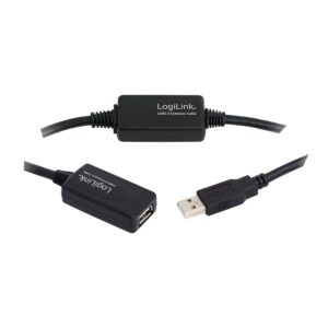 CABLU USB LOGILINK prelungitor, USB 2.0 (T) la USB 2.0 (M), 20m, activ (permite folosirea unui cablu USB lung), negru, "UA0146" (timbru verde 0.08 lei)