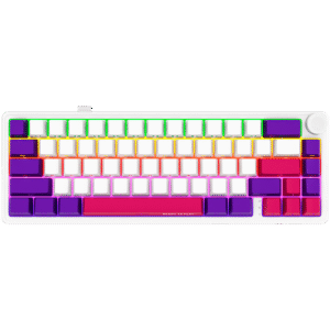 Wireless mechanical gaming keyboard Pro, 2.4 GHz, BT, RGB Backlight, 16 modes, 66 keys, 50M presses, multimedia knob, built-in 3750 mAh battery, Hot Swap,cable 2.3m, white red purple "LRG-KBP70MW-WH-US" (timbru verde 0.8 lei)