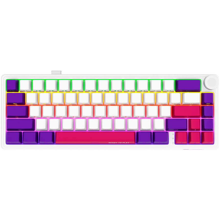 Wireless mechanical gaming keyboard Pro, 2.4 GHz, BT, RGB Backlight, 16 modes, 66 keys, 50M presses, multimedia knob, built-in 3750 mAh battery, Hot Swap,cable 2.3m, white red purple "LRG-KBP70MW-WH-US" (timbru verde 0.8 lei)