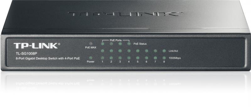 SWITCH PoE TP-LINK  8 porturi Gigabit (4 PoE), IEEE 802.3af, carcasa metalica "TL-SG1008P" (timbru verde 2 lei)