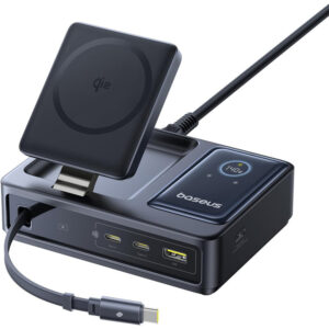 INCARCATOR retea Baseus NOMOS 5-in-1 Desktop Charger, Quick Charge 140W, incarcare wireless 15W max. Qi2, 3 x USB Type-C, 1 x USB, negru "P10170902123-00" (timbru verde 0.18 lei) - 6932172673406