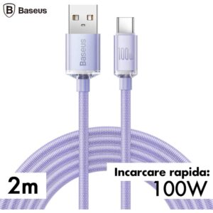 CABLU alimentare si date Baseus Crystal Shine, Fast Charging Data Cable pt. smartphone, USB la USB Type-C 100W, 2m, braided, mov "CAJY000505" (timbru verde 0.18 lei) - 6932172602857