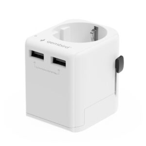 ADAPTOR GEMBIRD, universal, EU la conectori: US/UK/CN/AU, cu impamantare, 1x Schuko, 2x USB-A 12W, siguranta 10A, max. 2500W, alb, "TPA-EU2A12-01-W" (timbru verde 0.18 lei)