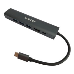 DOCKING Station Spacer universal 6 in 1, conectare Type-C, USB 3.0 x 3 |PD 3.0 x 1 (100W), 1x HDMI 4K (30Hz), 1xRJ45 Gigabit, gri, Aluminiu, "SPDS-TypeC-HUPG-6in1-04" (timbru verde 0.18 lei)